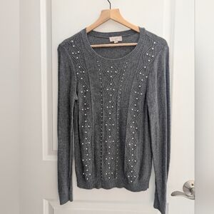 LOFT Gray Crew Neck Sweater with Embellishments